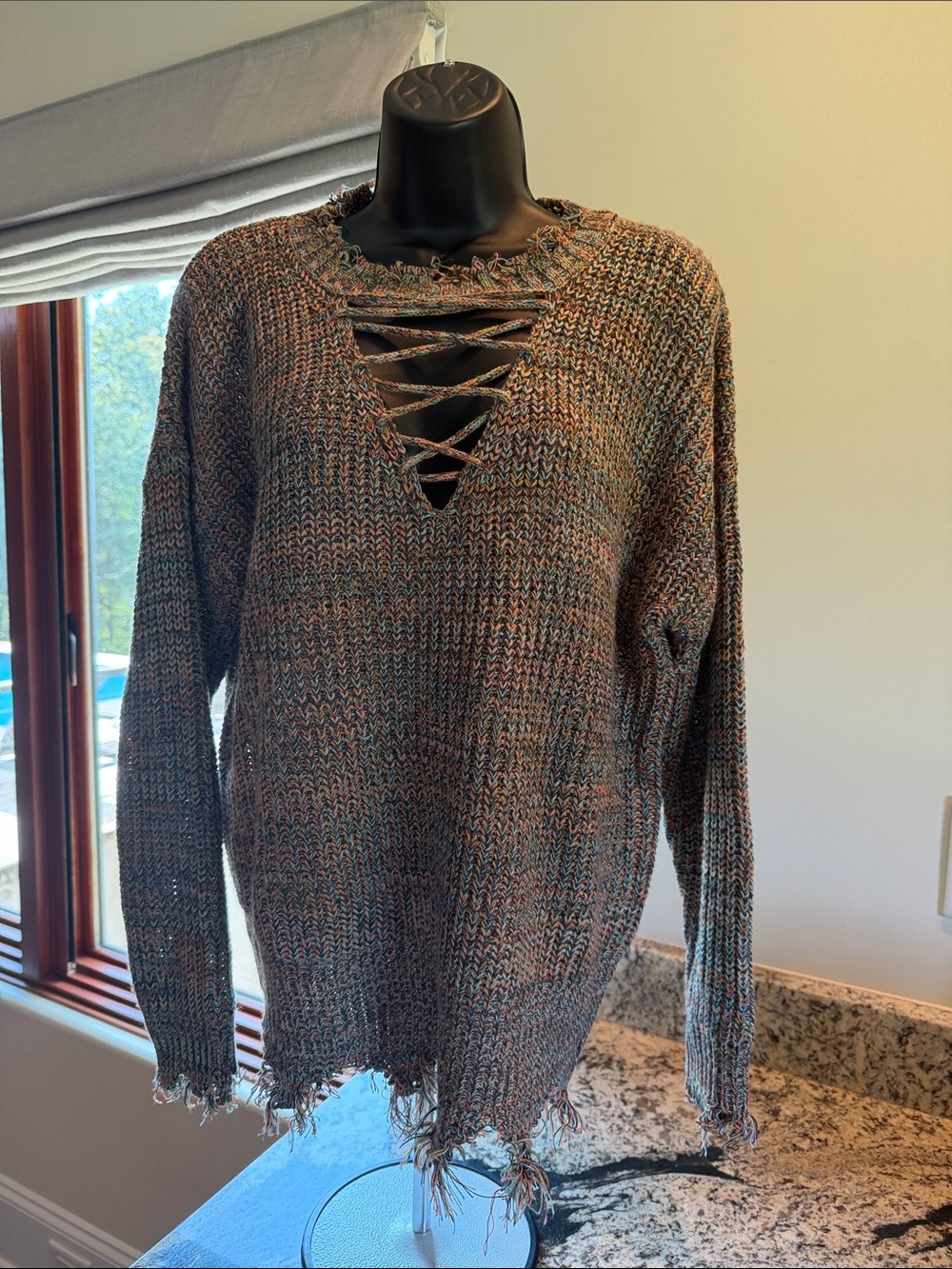 Daytrip Heathered Olive-Brown Lace-Up V-Neck Sweater